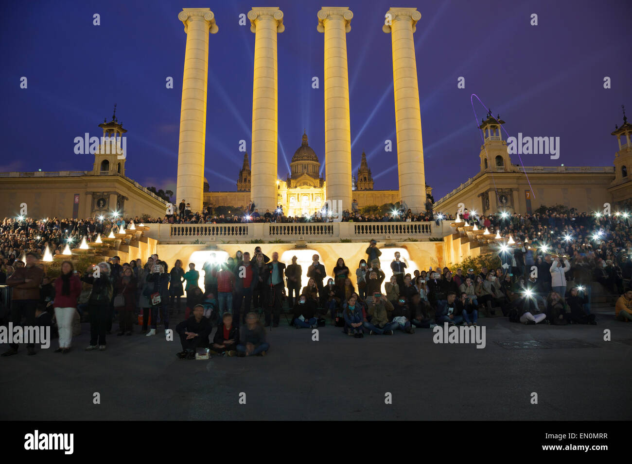 people in front of the National Art Museum of Catalonia watching the Magic Fountain show, Barcelona, Catalonia, Spain Stock Photo