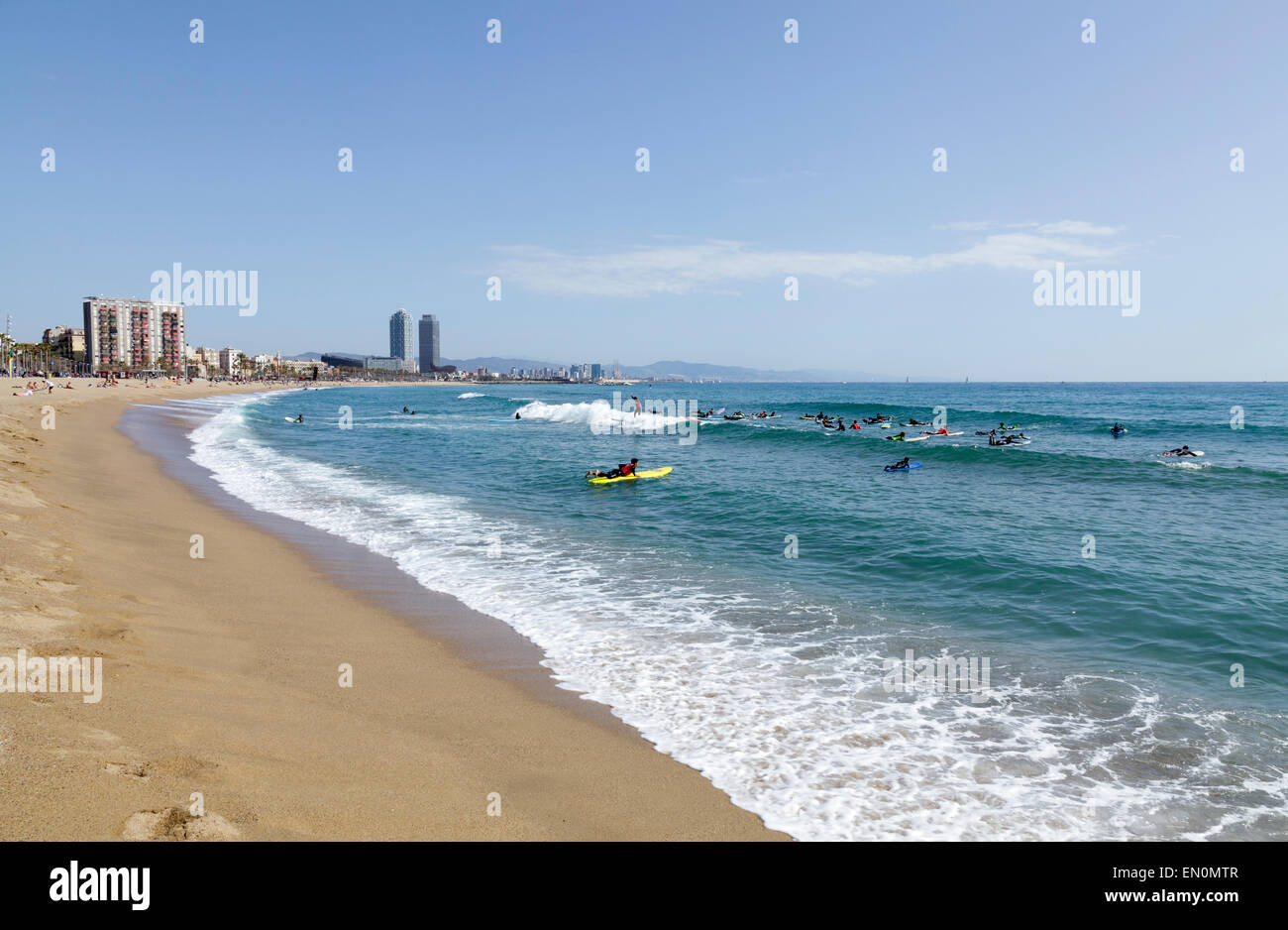 Barceloneta Beach with surfers, Barcelona, Catalonia, Spain Stock Photo