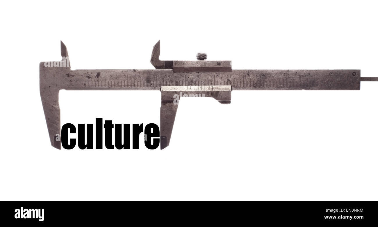 Color horizontal shot of a caliper and measuring the word "culture