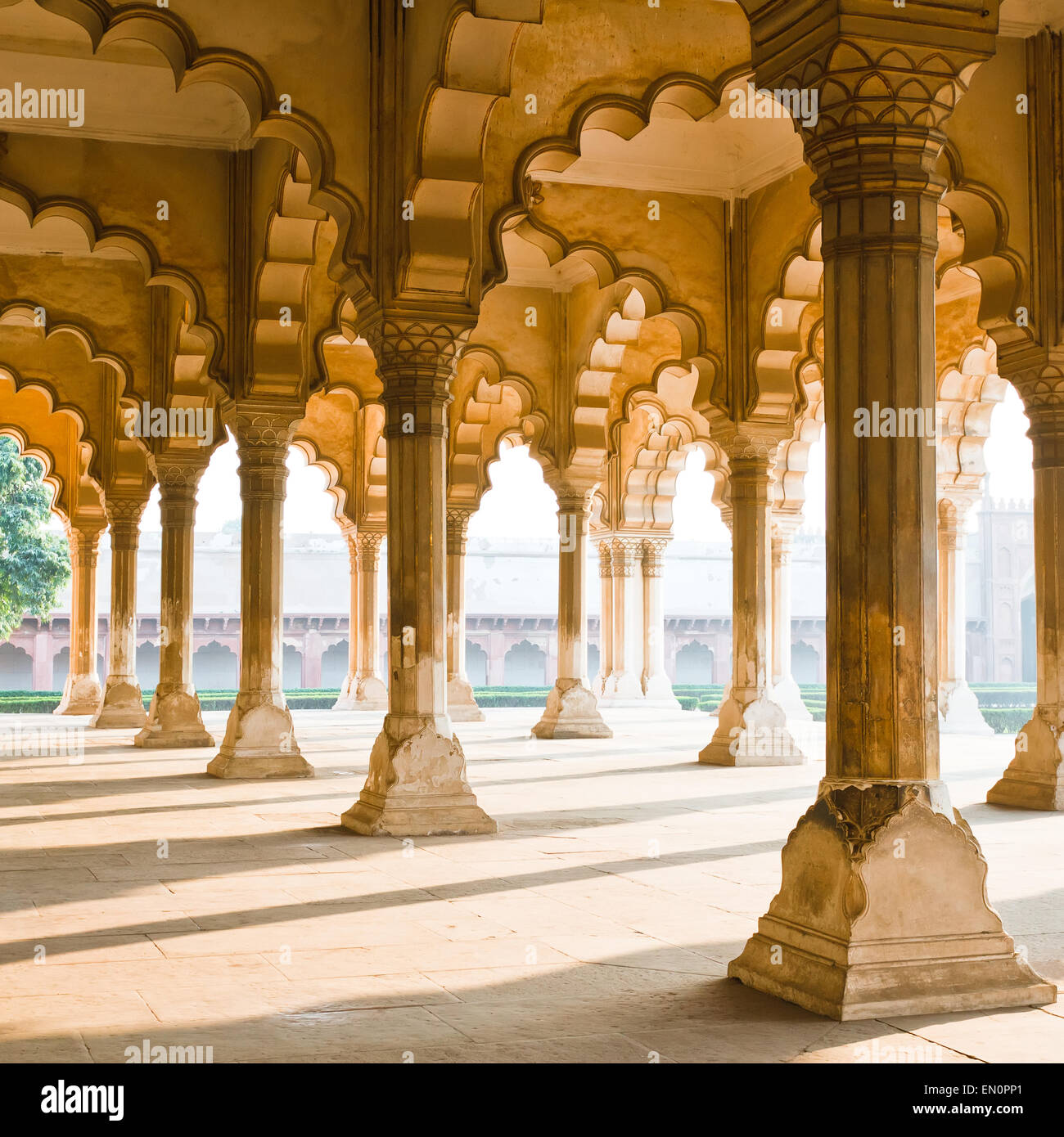 Beautiful gallery of pillars at Agra Fort. Agra, Uttar Pradesh, Stock Photo