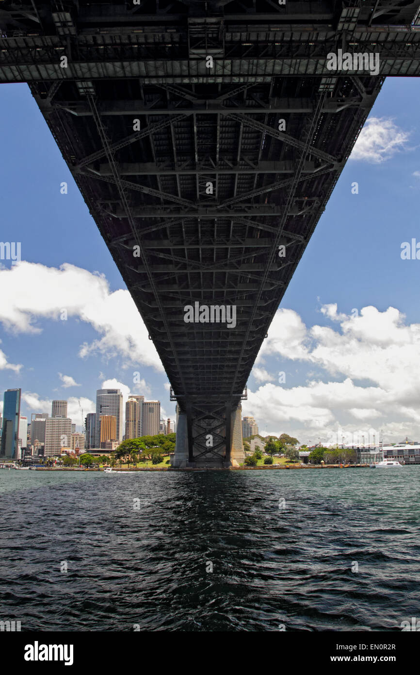 Sydney Harbour Bridge and downtown Sydney, Australia. Seen from below the Sydney Harbour Bridge in Kirribilli. Stock Photo