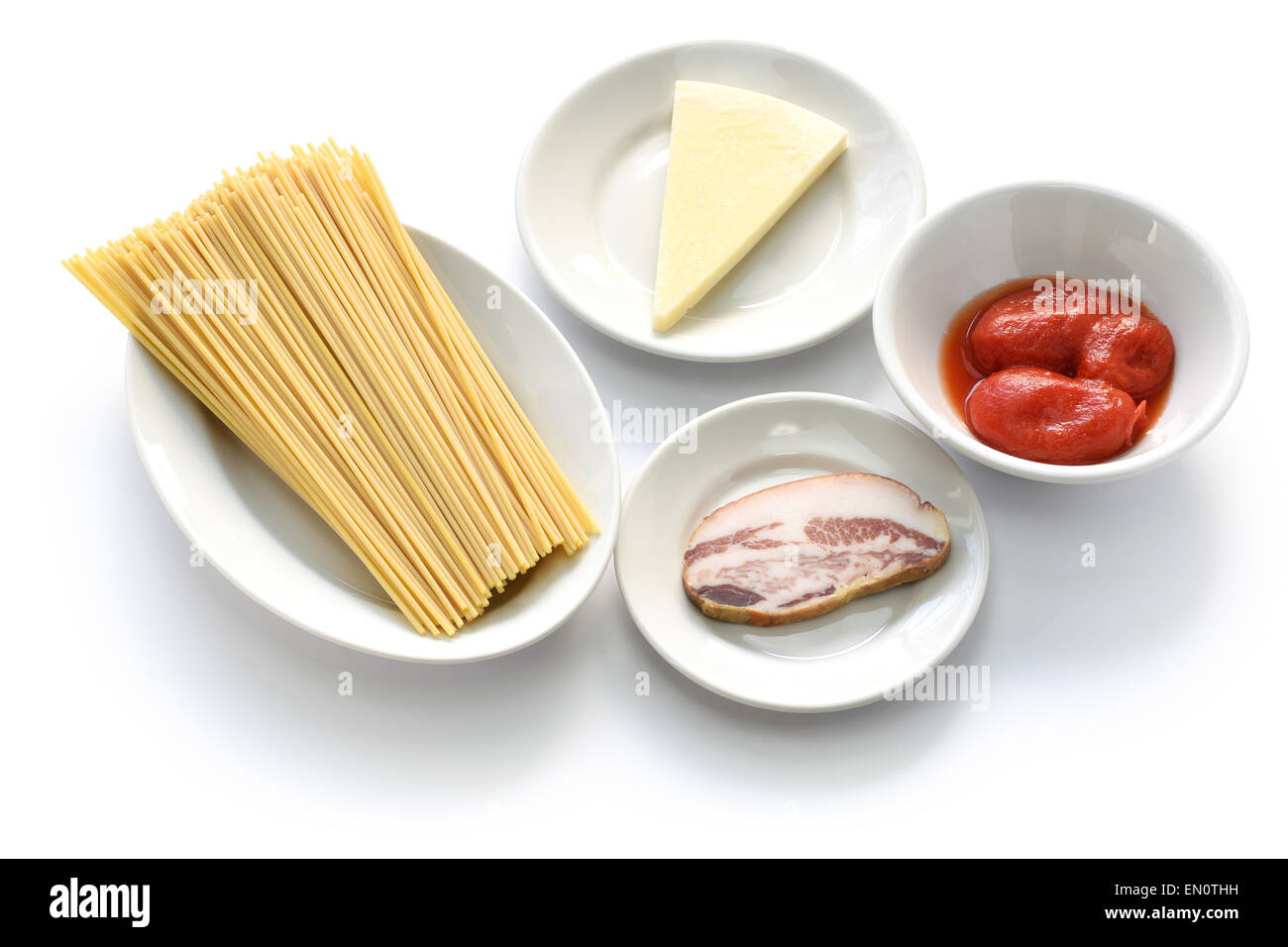 italian pasta amatriciana ingredients, bucatini, tomato, pecorino