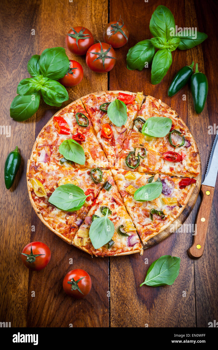 Tradition spanish pizza with chili and jalapenos Stock Photo