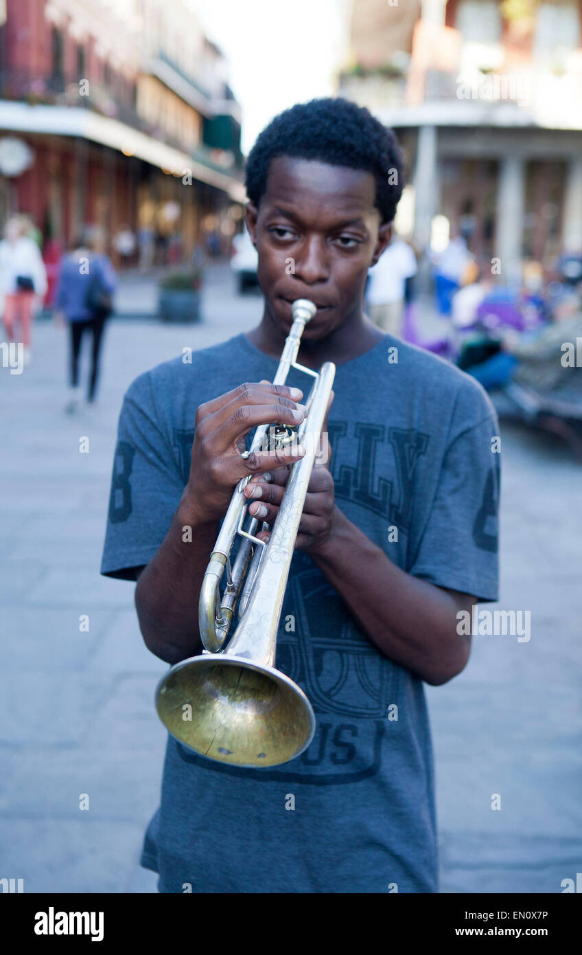 New Orleans,Louisiana: young man playing trumpet in the French Quarter Stock Photo