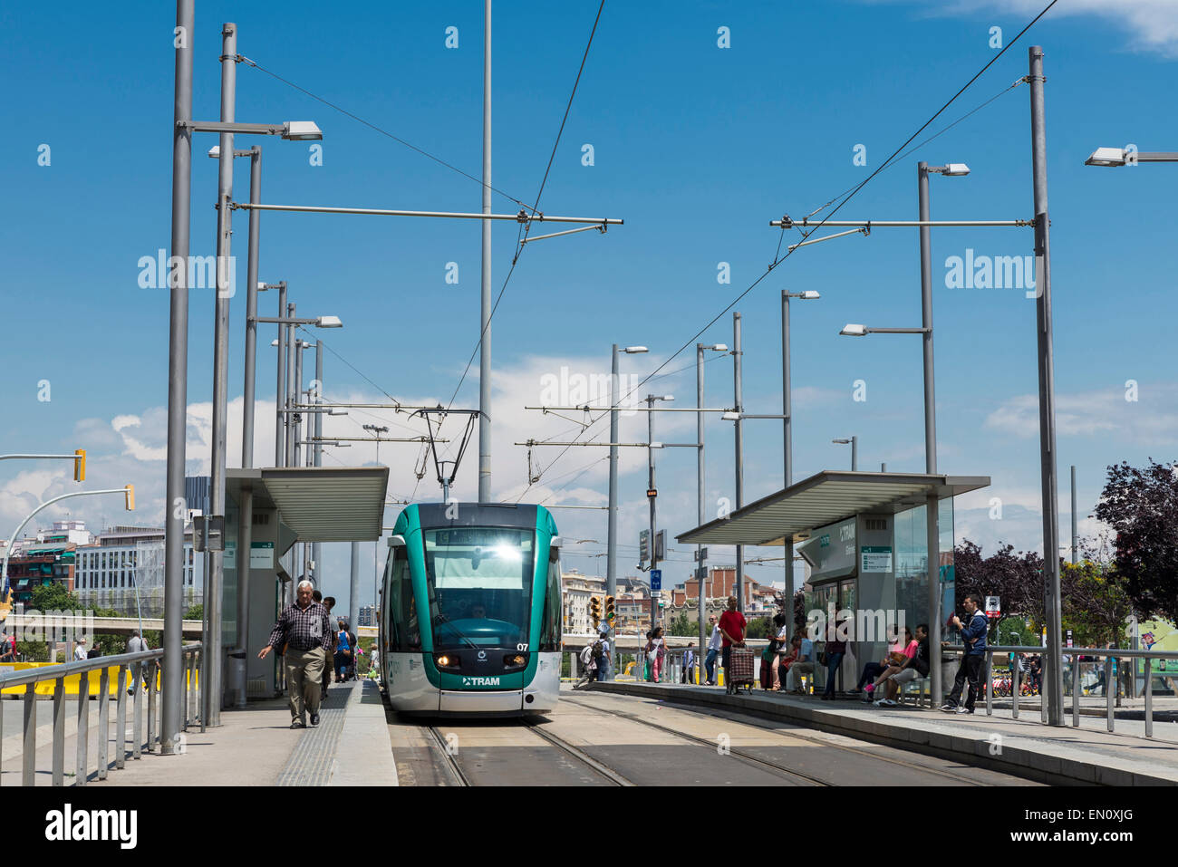 Barcelona tram known as Trambaix. In the picture the tram is going through the square Glories Stock Photo