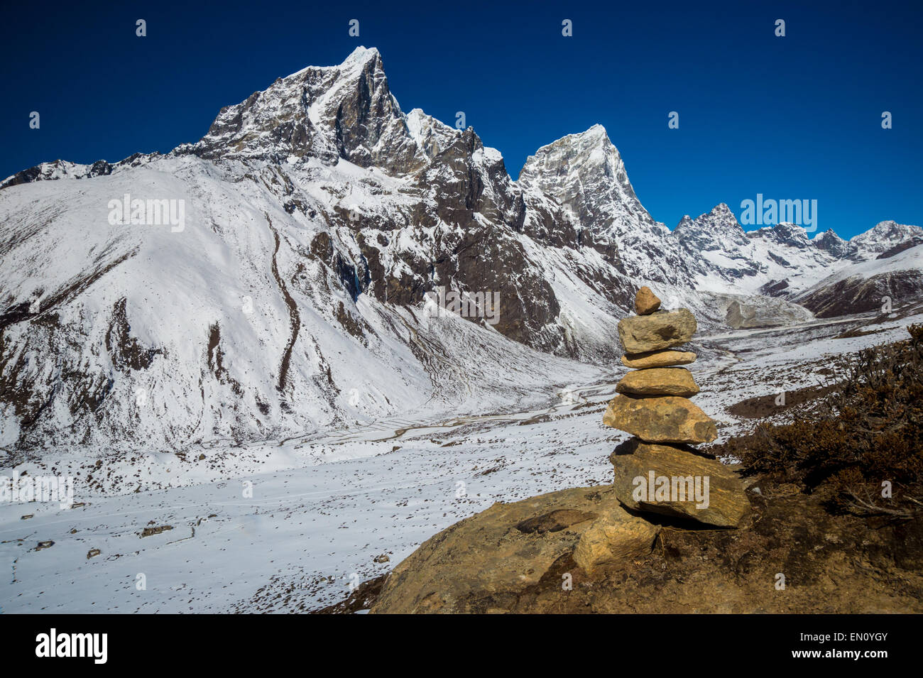 Himalayas mountain landscape with stone tower Stock Photo