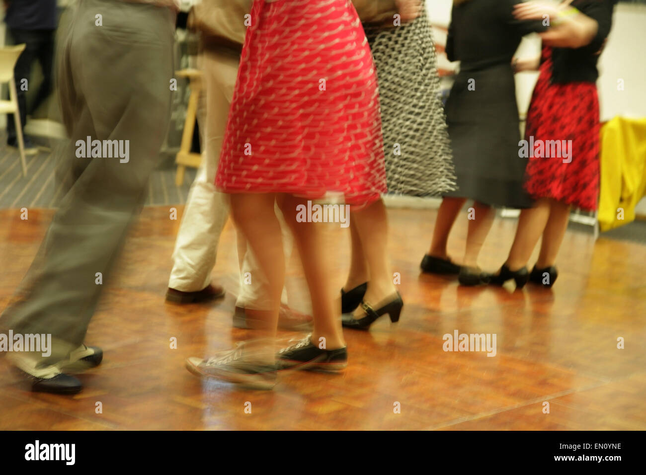 York, UK, 25 April 2015. Visitors in period dress dance to classic jive and swing songs at the Festival of Vintage at York Racecourse: an event showcasing and celebrating the fashion, beauty, cars, motorcycles, music and lifestyle from the 1930's to 1960's. Credit:  david soulsby/Alamy Live News Stock Photo