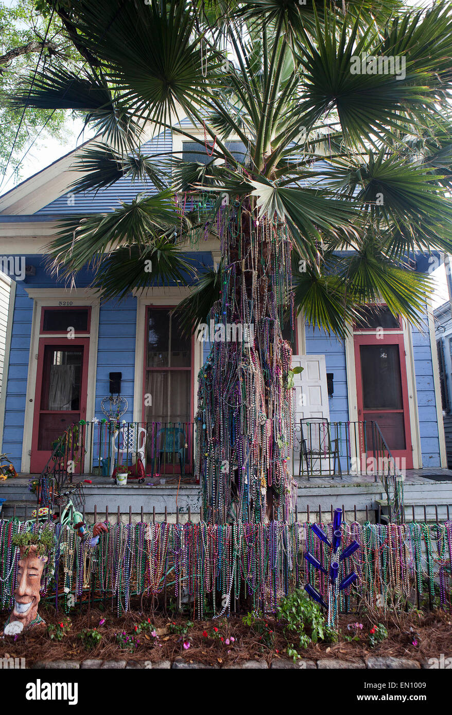 New Orleans,Louisiana: Mardi Gras beads decorating a house on Magazine Street Stock Photo