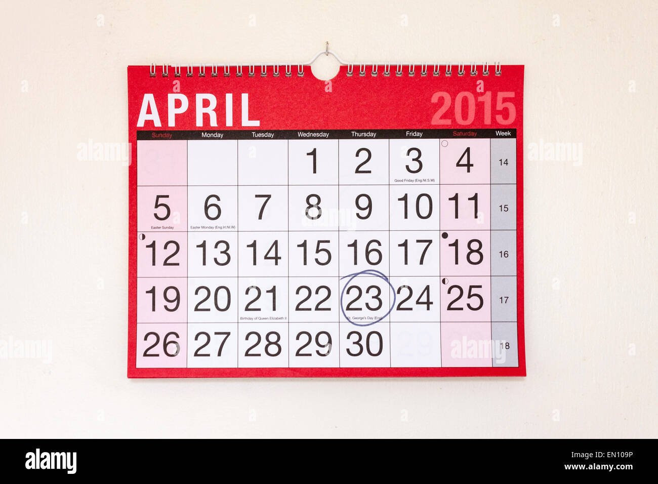 Monthly Wall Calendar April 2015 St Georges Day Circled Stock Photo