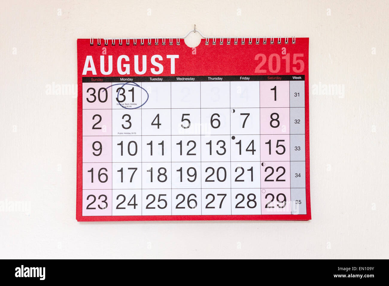 Monthly wall calendar August 2015, August Bank Holiday circled Stock Photo