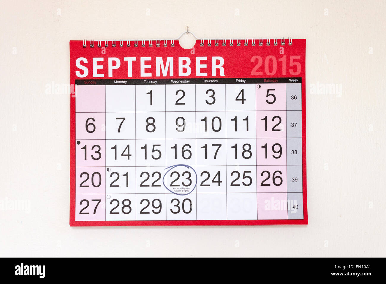 Monthly wall calendar September 2015, Autumn Equinox circled Stock Photo