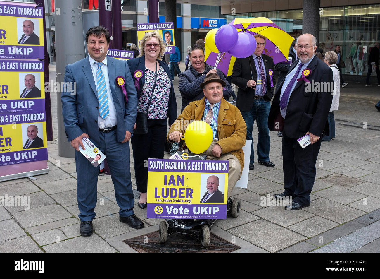 Basildon, UK. 25th Apr, 2015. Saturday 25th April, 2015.  Basildon.  George Konstantinidis and Ian luder, prospective UKIP candidates for seats in Essex and some of their supporters in Basildon Town Centre canvassing for support in the forthcoming general election. Credit:  Gordon Scammell/Alamy Live News Stock Photo
