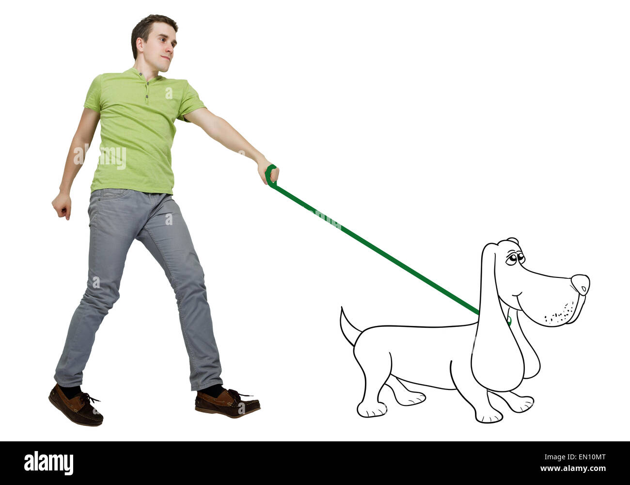 Man walking with a dog over white background. Compilation photo Stock Photo