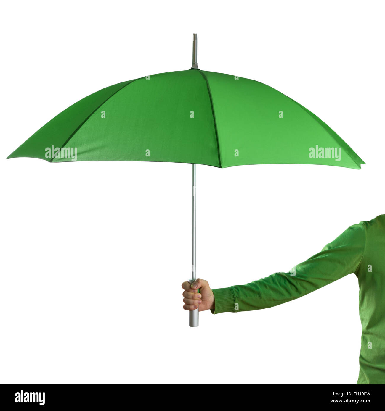 Hand holding a green umbrella isolated on white Stock Photo