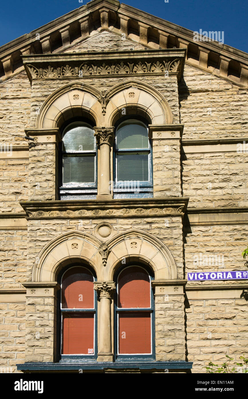 UK, England, Yorkshire, Saltaire, Victoria Road, architecture, arched top gothic sash windows Stock Photo