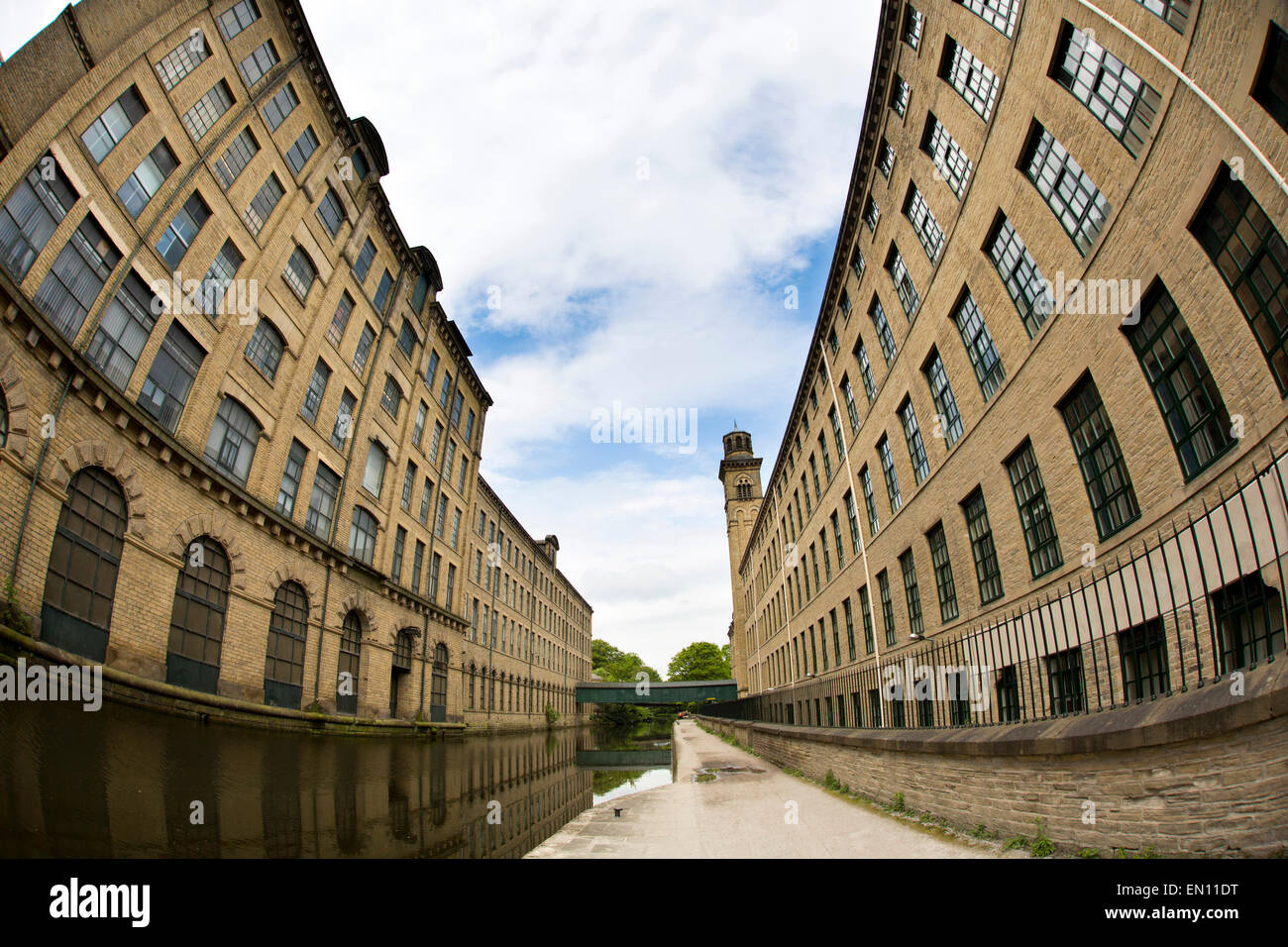 UK, England, Yorkshire, Saltaire, Salts Mills and Leeds and Liverpool Canal, fish eye lens view Stock Photo