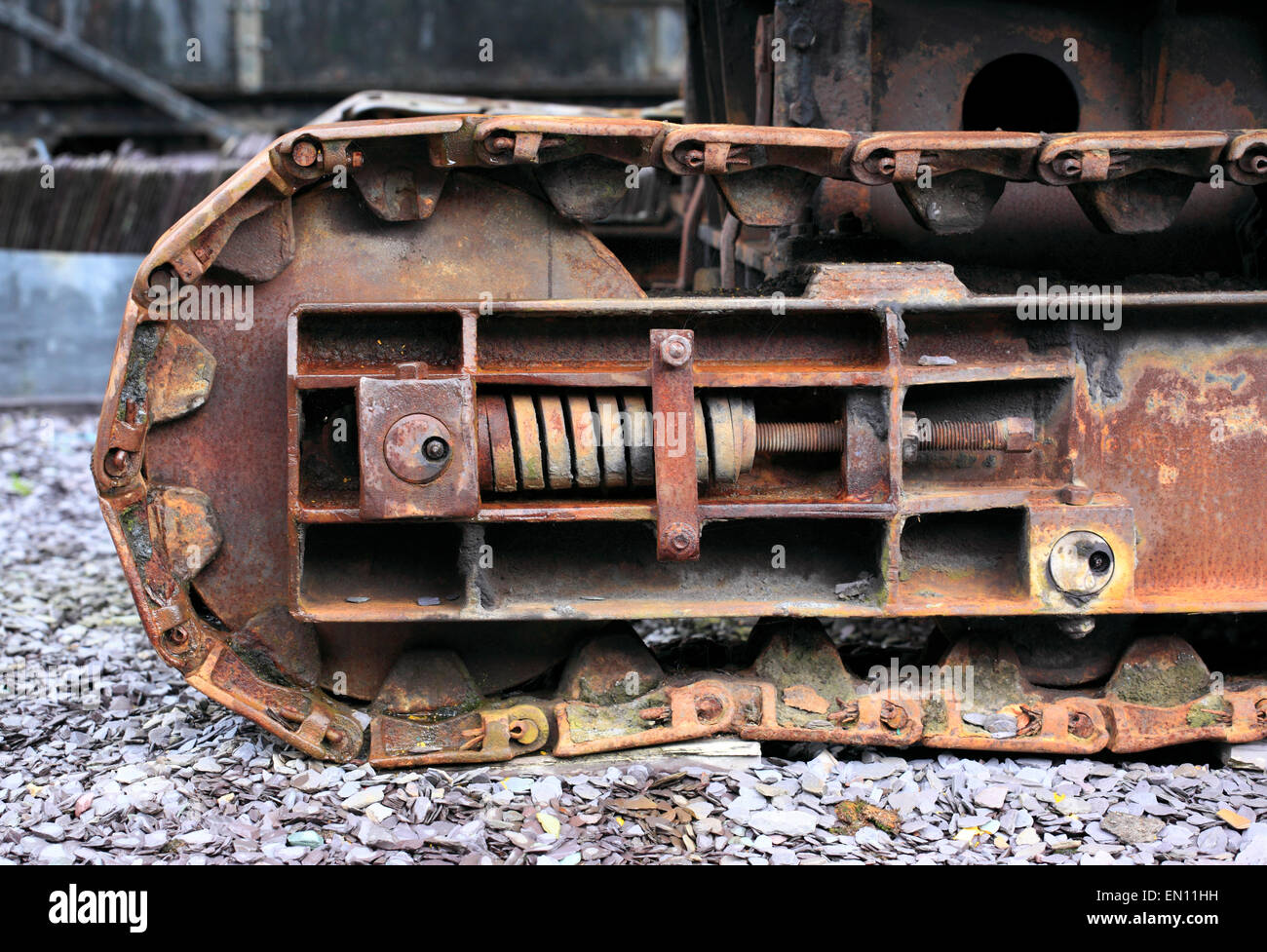 Detail of a rusting caterpillar track, National Slate Museum, Llanberis, Wales, Europe Stock Photo