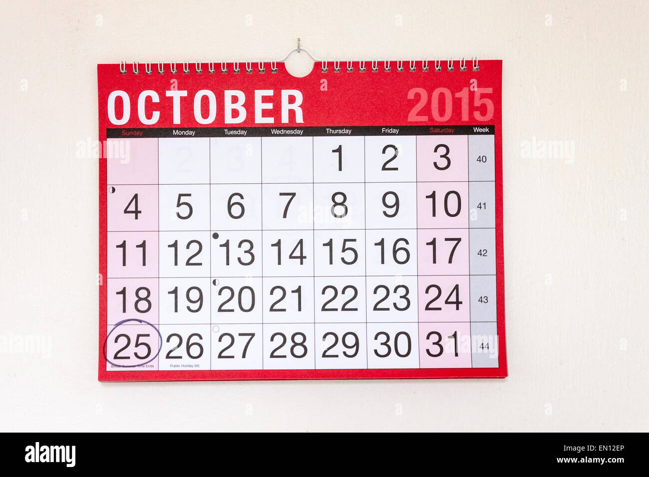 Monthly wall calendar October 2015, date British Summer Time ends circled. Stock Photo