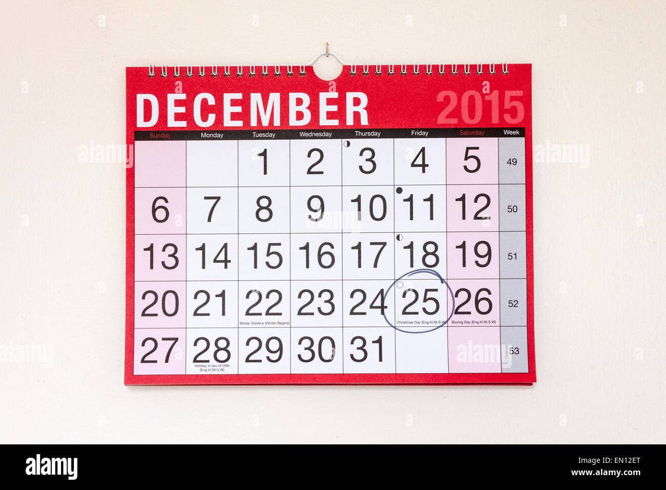 Monthly wall calendar December 2015, Christmas Day circled Stock Photo