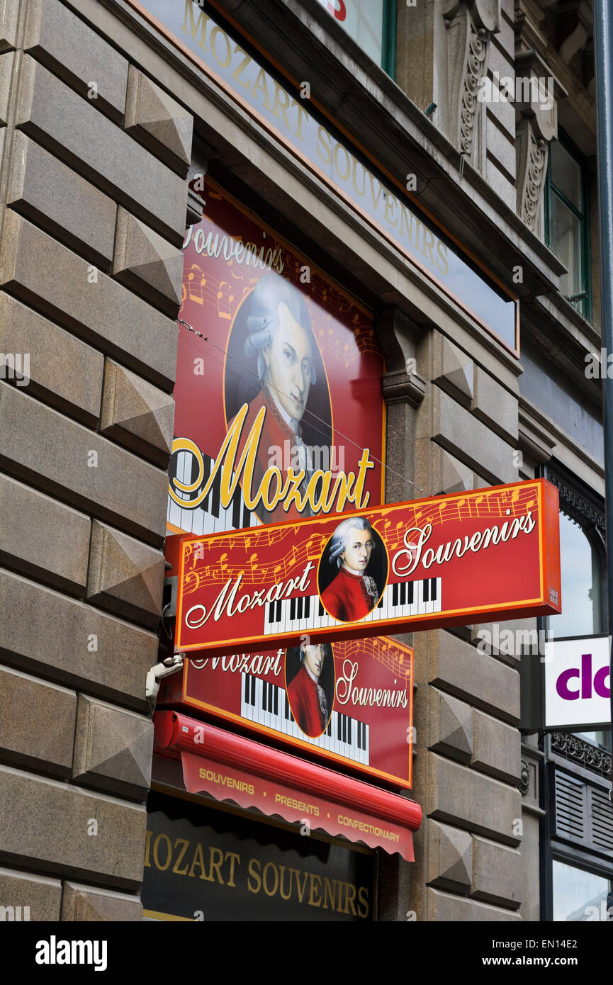 A signage of Mozart above the entrance of a Souvenir shop, Vienna