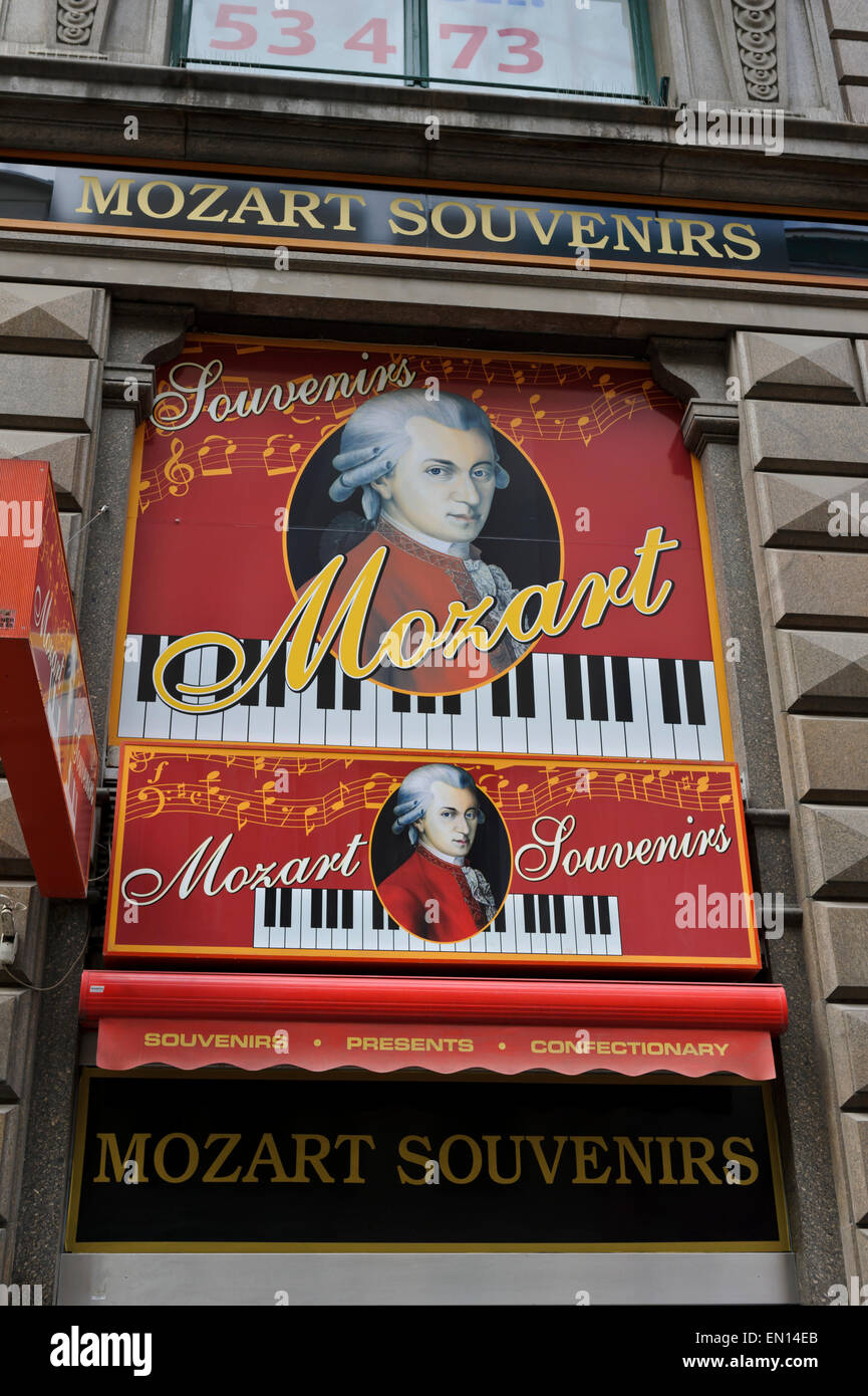 A signage of Mozart above the entrance of a Souvenir shop, Vienna