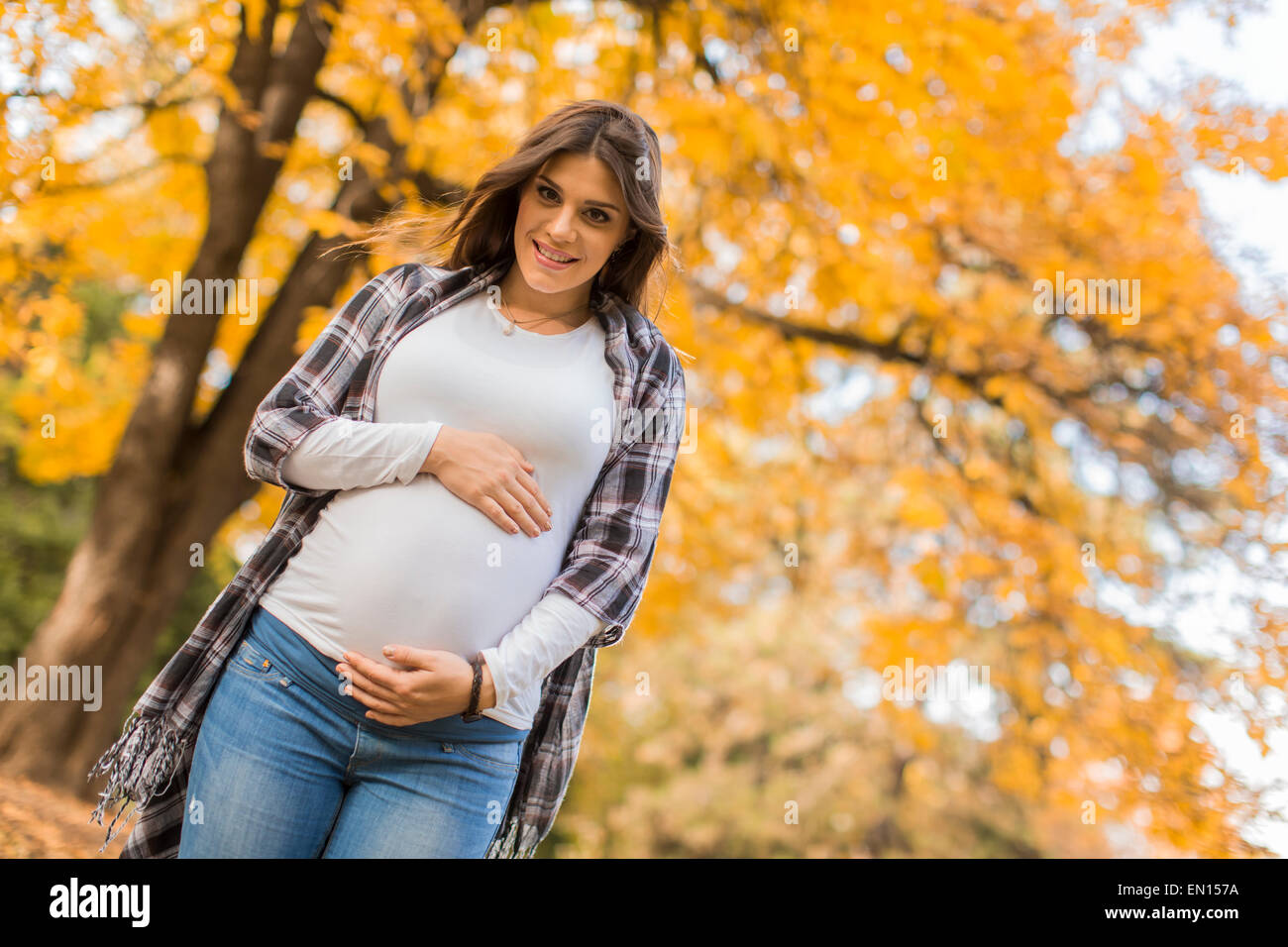 Young pregnant woman in the autumn park Stock Photo - Alamy
