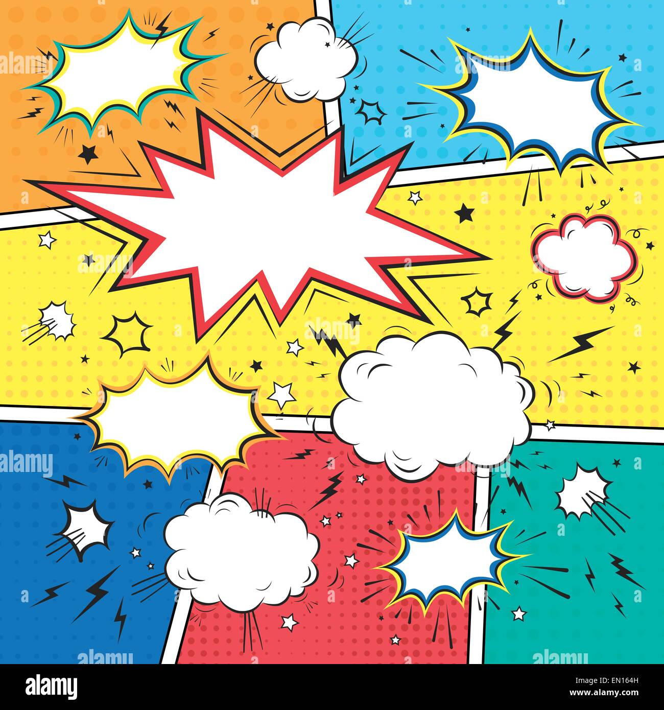 comic book style speech bubbles set over colorful background Stock Vector
