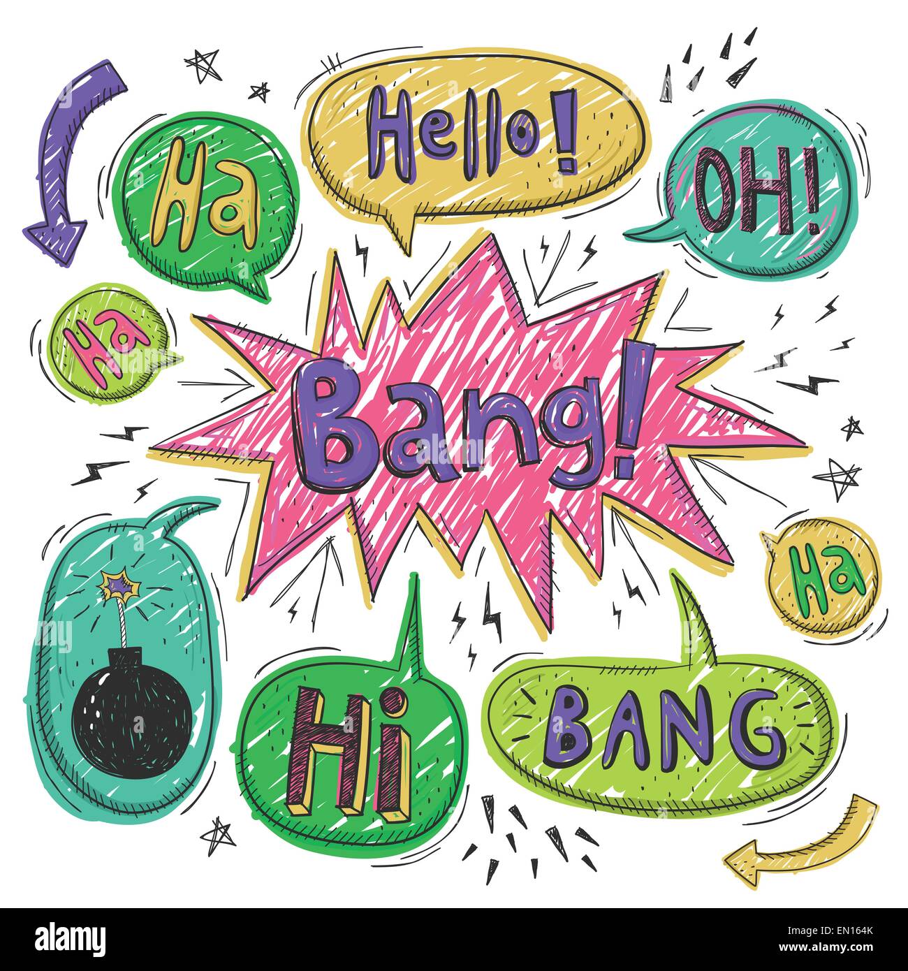 set of colorful comic bubbles elements with useful sound effects Stock