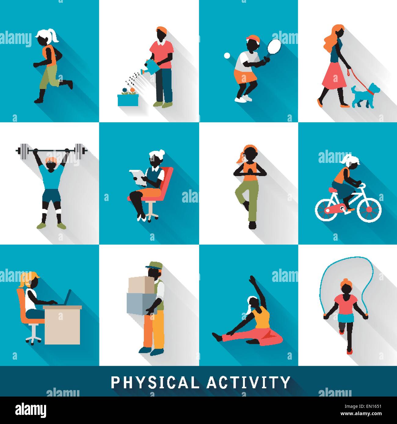 modern physical activity icons set isolated over blue and white background Stock Vector