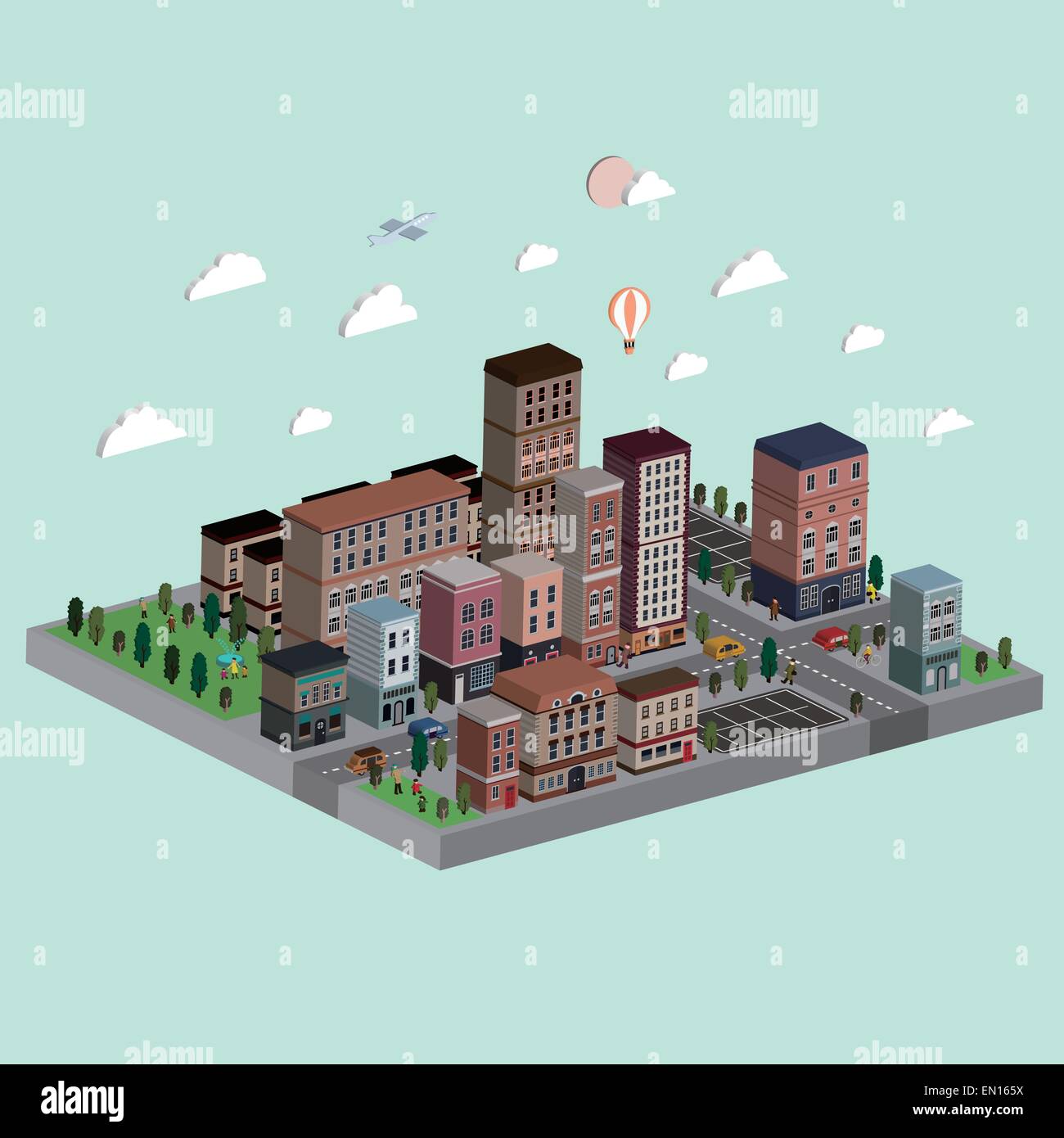 flat 3d isometric city life illustration over bright background Stock ...
