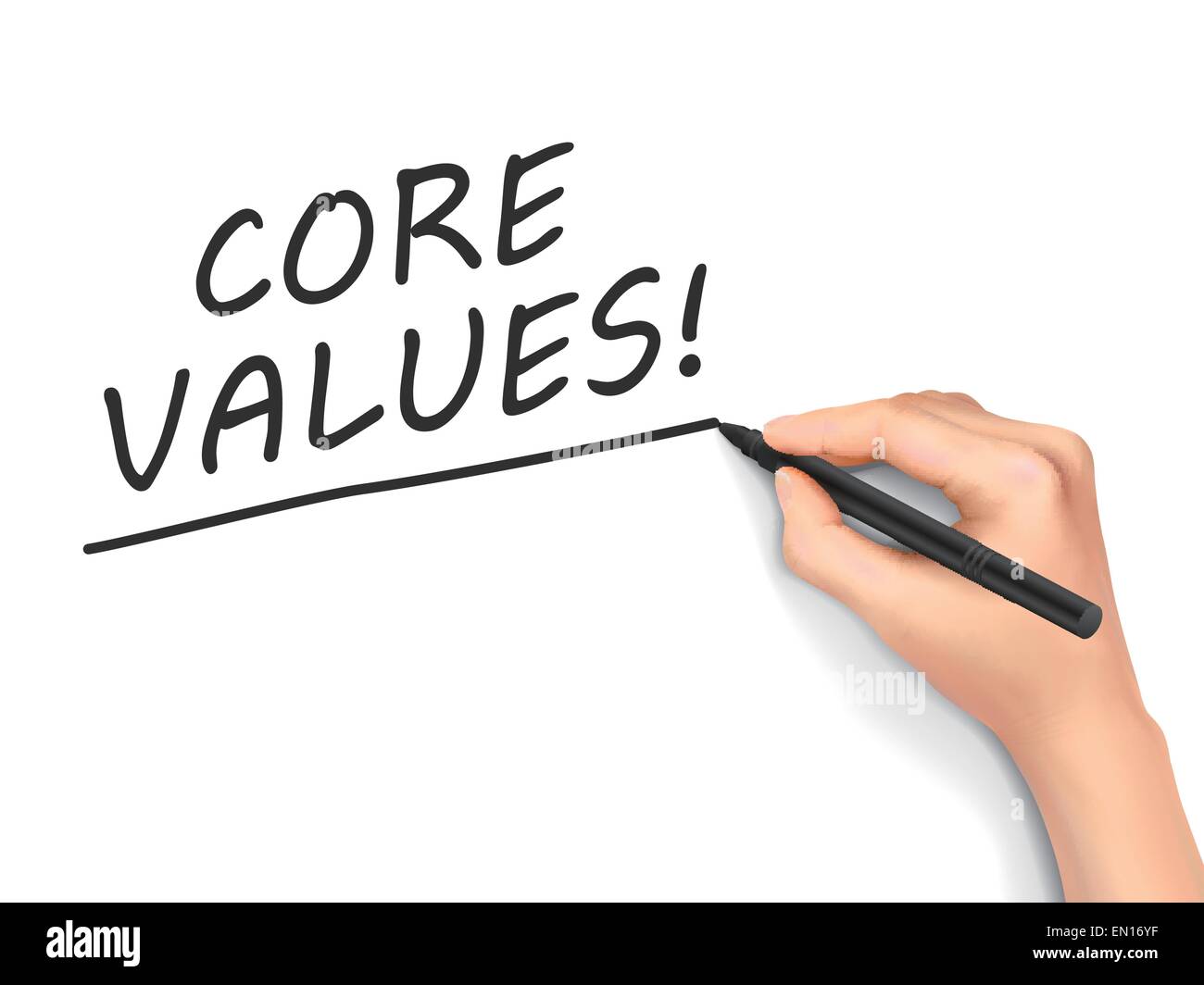 core values words written by hand on white background Stock Vector