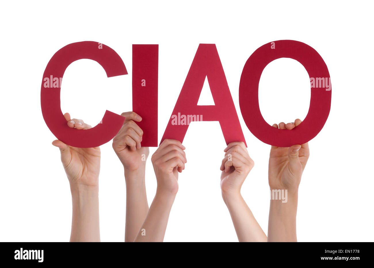 Many Caucasian People And Hands Holding Red Straight Letters Or Characters Building The Isolated Italian Word Ciao Which Means G Stock Photo
