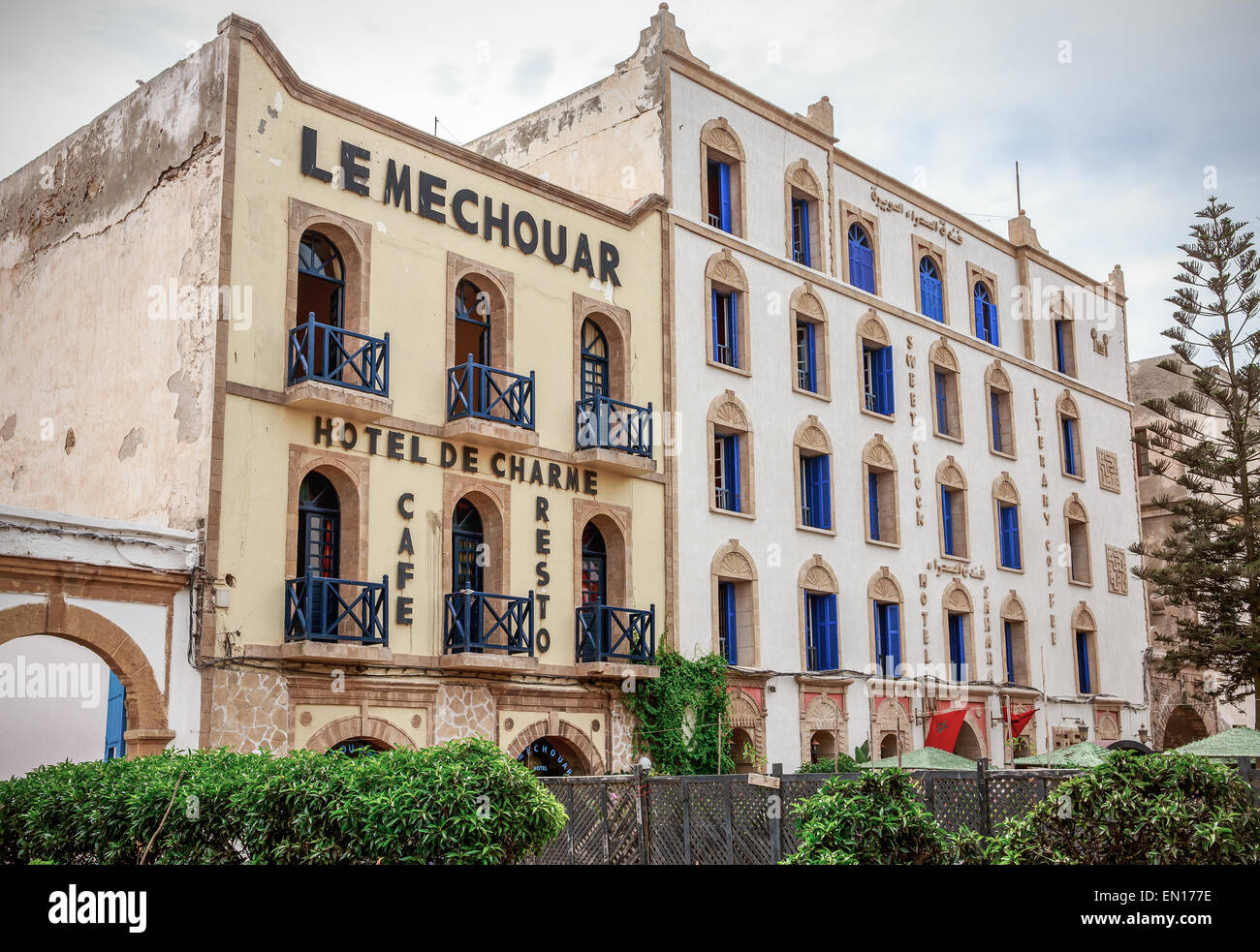 ESSAOUIRA, MOROCCO - SEPTEMBER 19, 2014: Vintage french style hotel and restaurant in old Essaouira city, Morocco Stock Photo