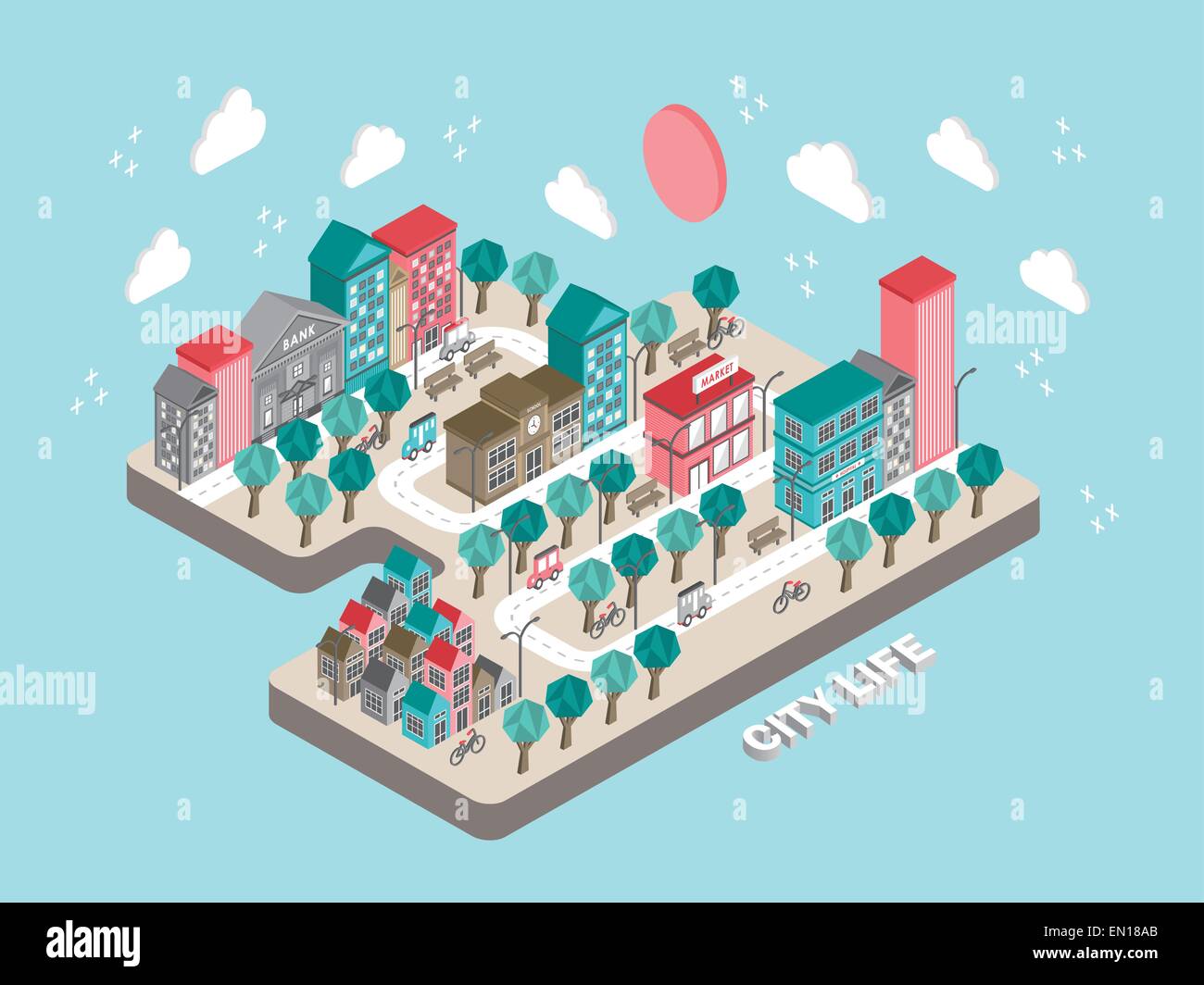 flat 3d isometric city life concept illustration over blue background Stock Vector