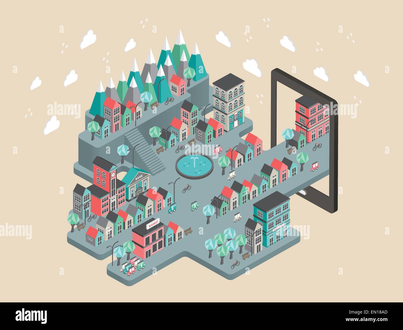 flat 3d isometric city scenery illustration over beige background Stock ...