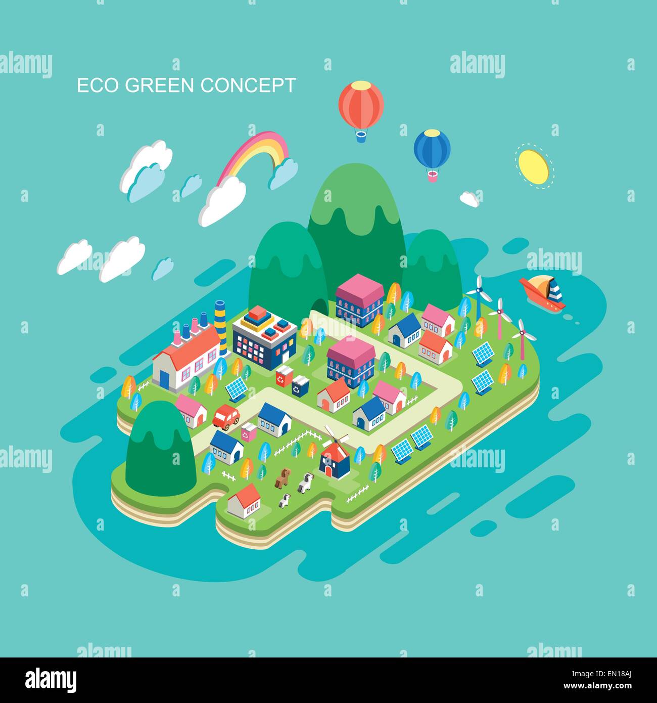 flat 3d isometric eco green concept illustration over blue background ...