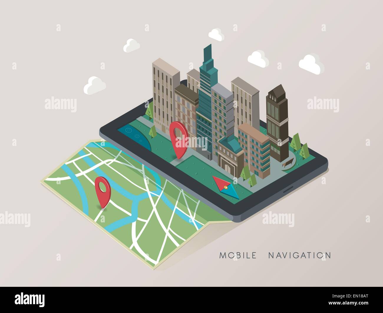 flat 3d isometric mobile navigation illustration over grey background ...