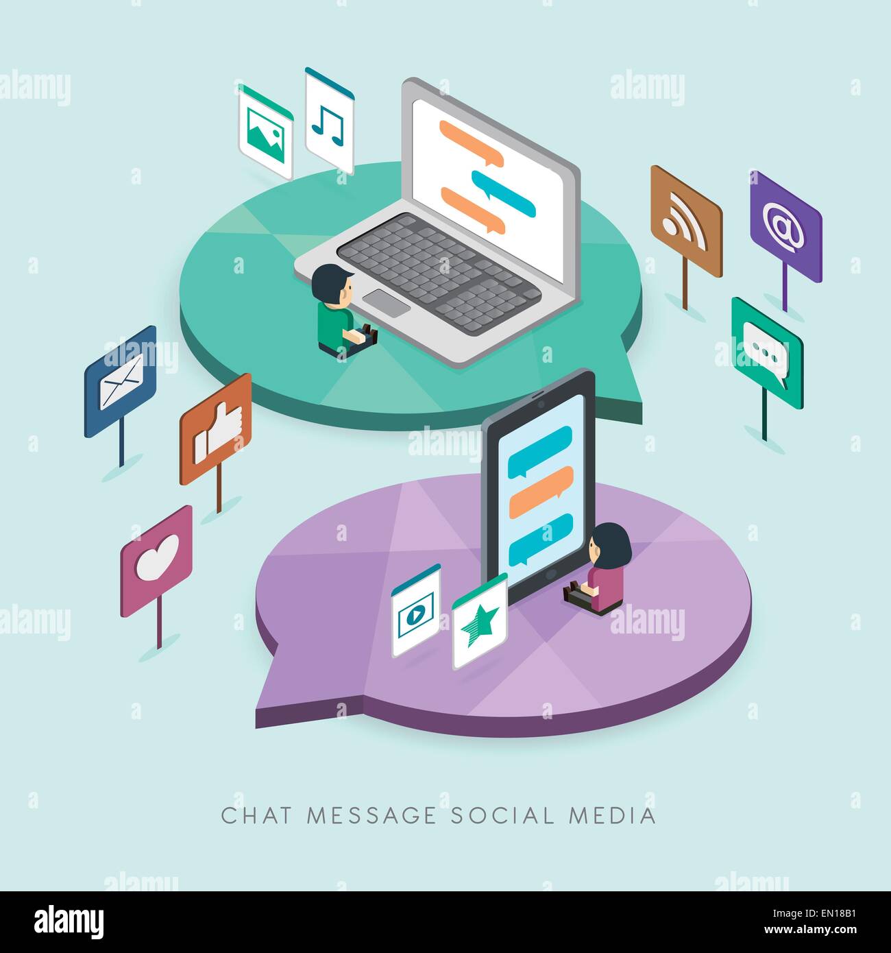 flat 3d isometric social media concept illustration over blue ...