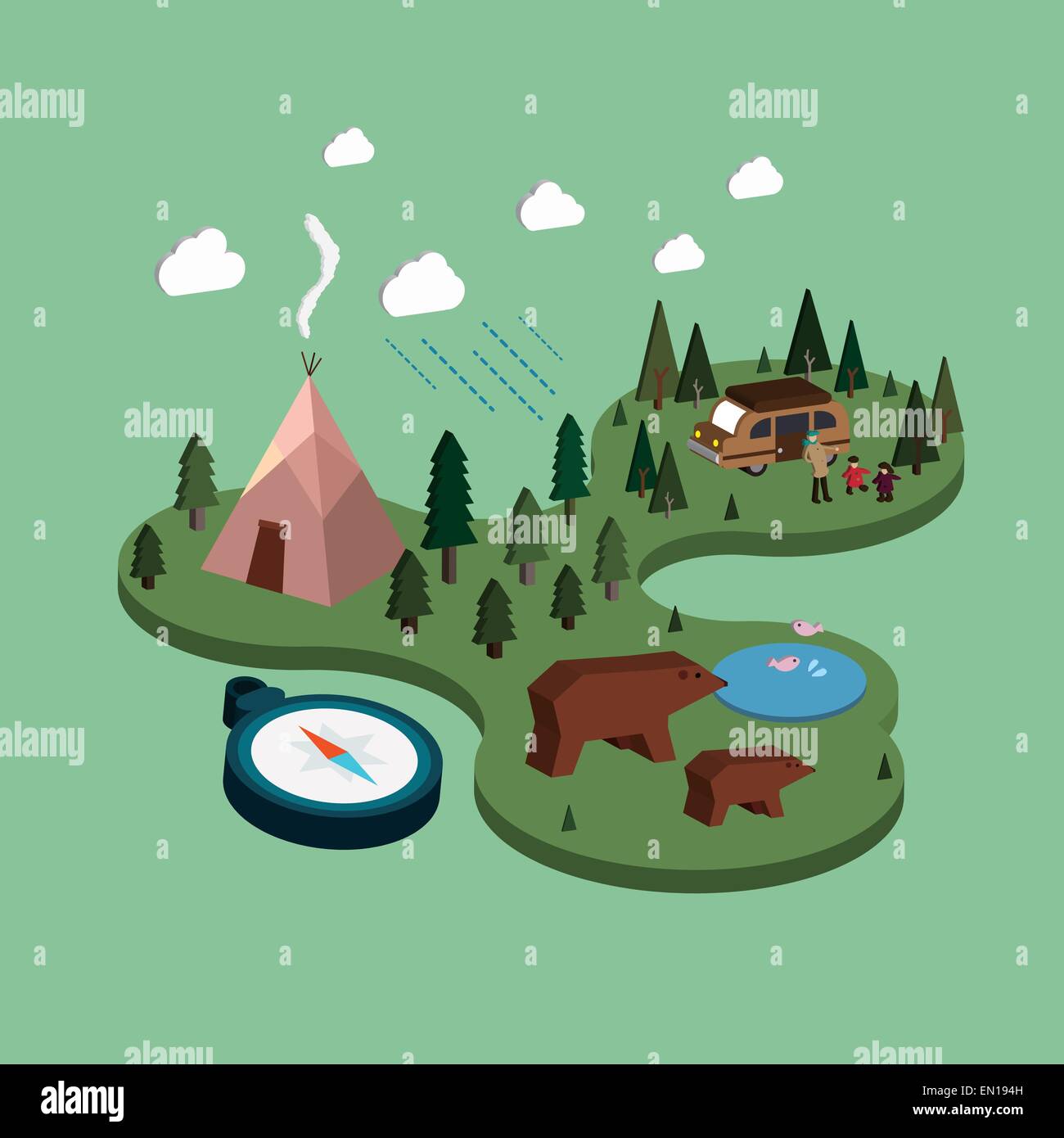 flat 3d isometric camping life illustration over green background Stock ...