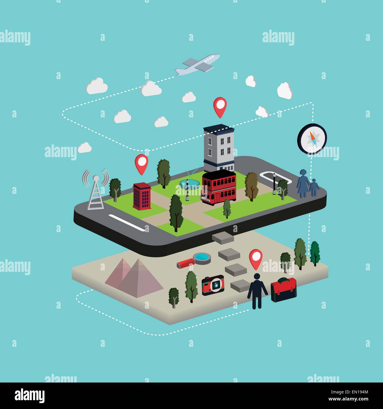 flat 3d isometric mobile navigation illustration over blue background ...