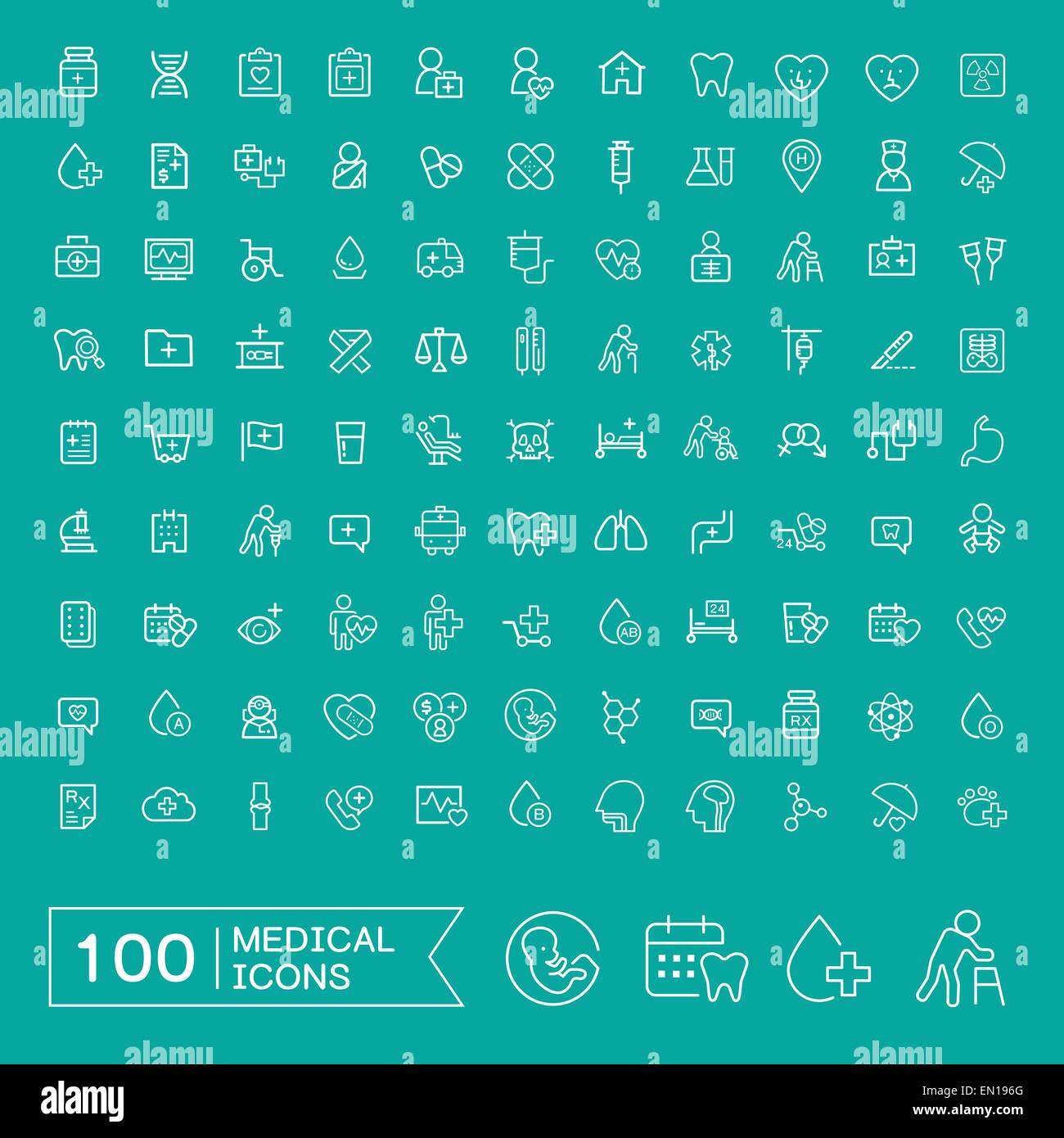 lovely 100 medical icons set over turquoise background Stock Vector