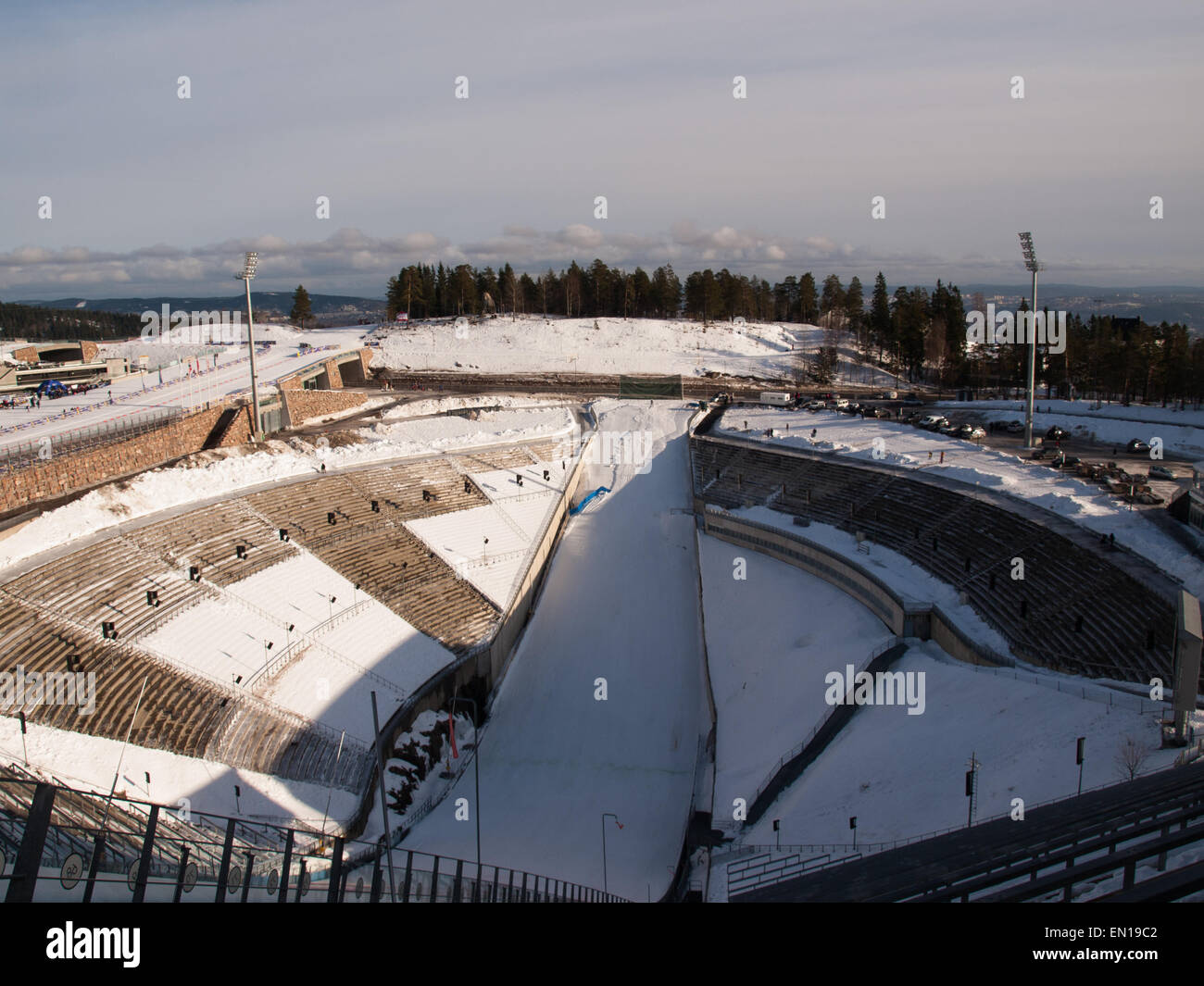 Upper view of lower part of Holmenkollbakken ski jump in Oslo. Stock Photo