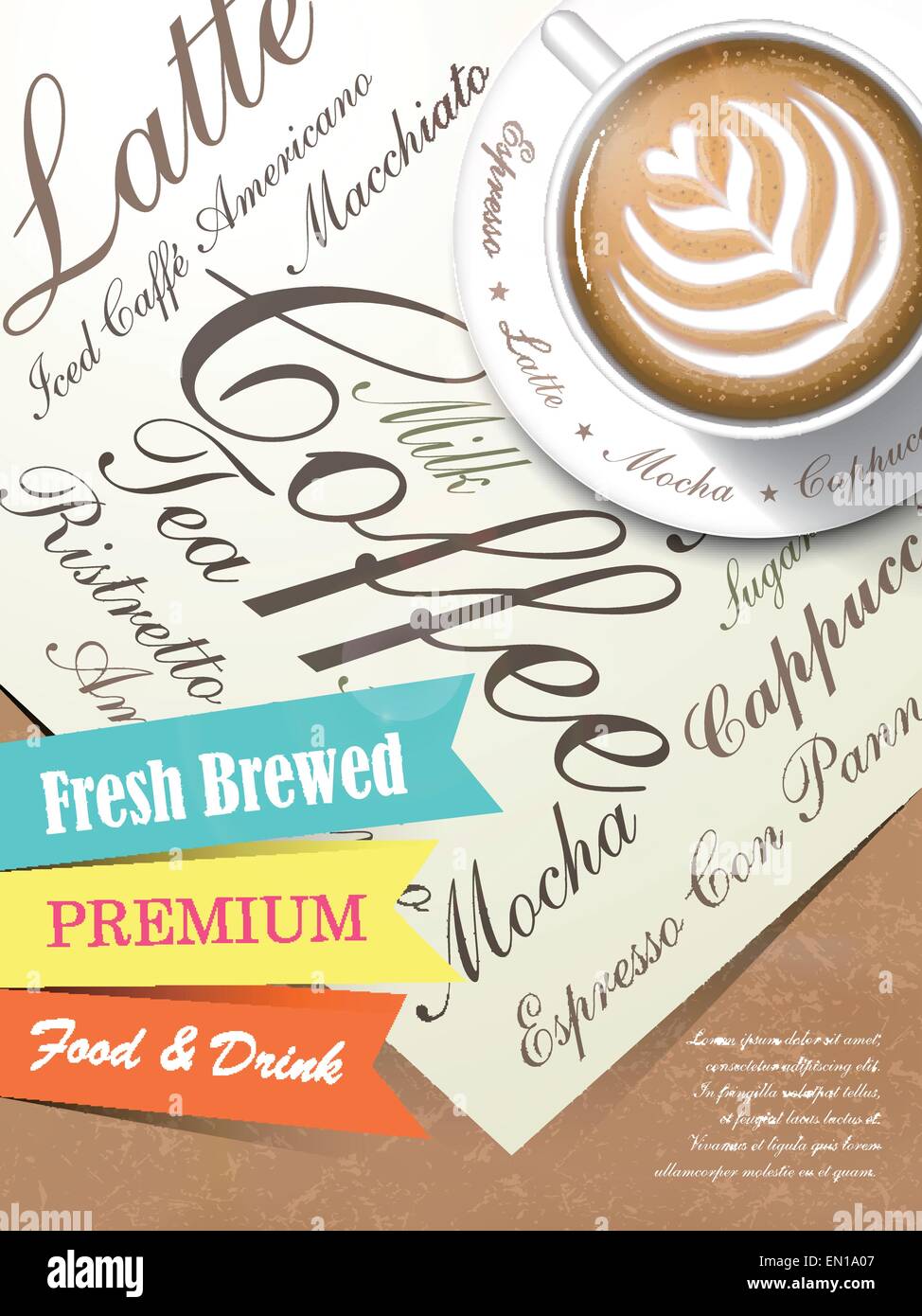 poster with fresh brewed coffee art on paper template Stock Vector