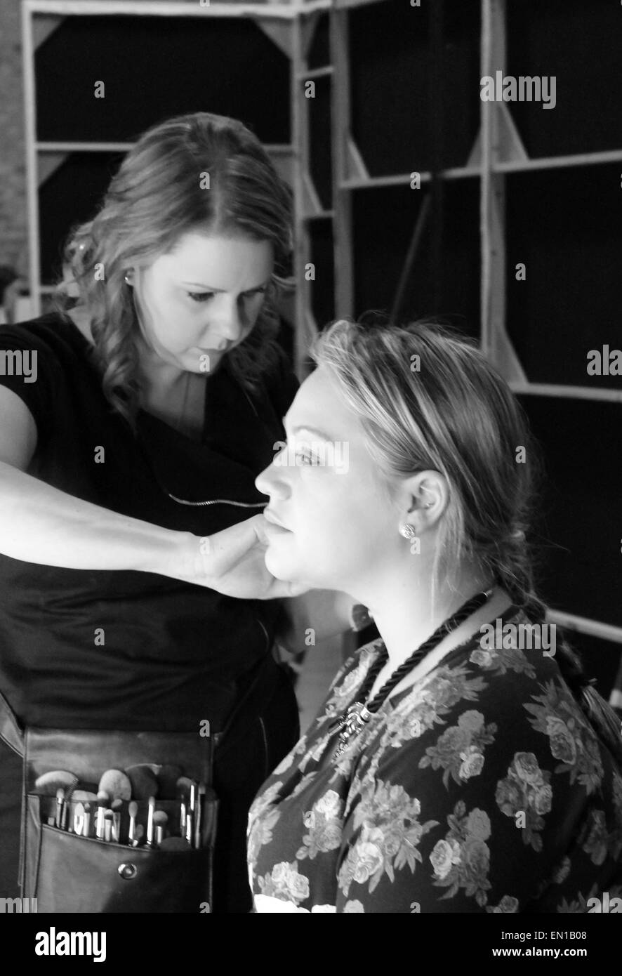 British Plus size Fashion weekend February 14th and 15th 2014  Model Lorna Roberts getting make up done back stage Stock Photo