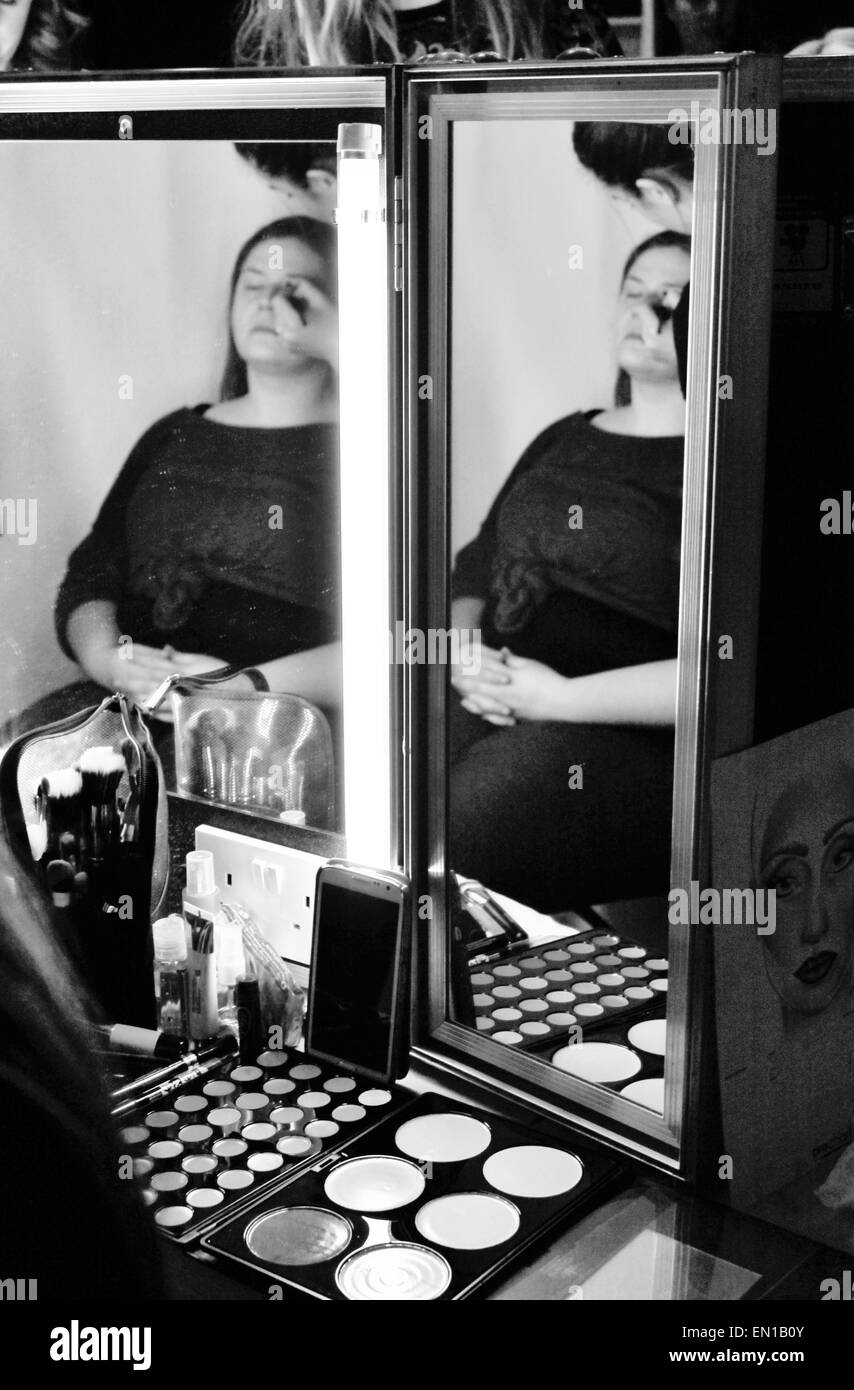 British Plus size Fashion weekend February 14th and 15th 2014  Model Lorna Roberts getting make up done back stage Stock Photo