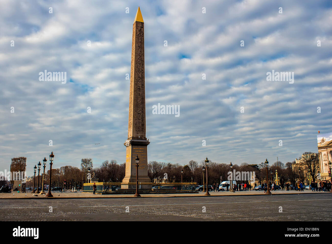 Ancient Egyptian Obelisk in front of garden of tuileries Stock Photo