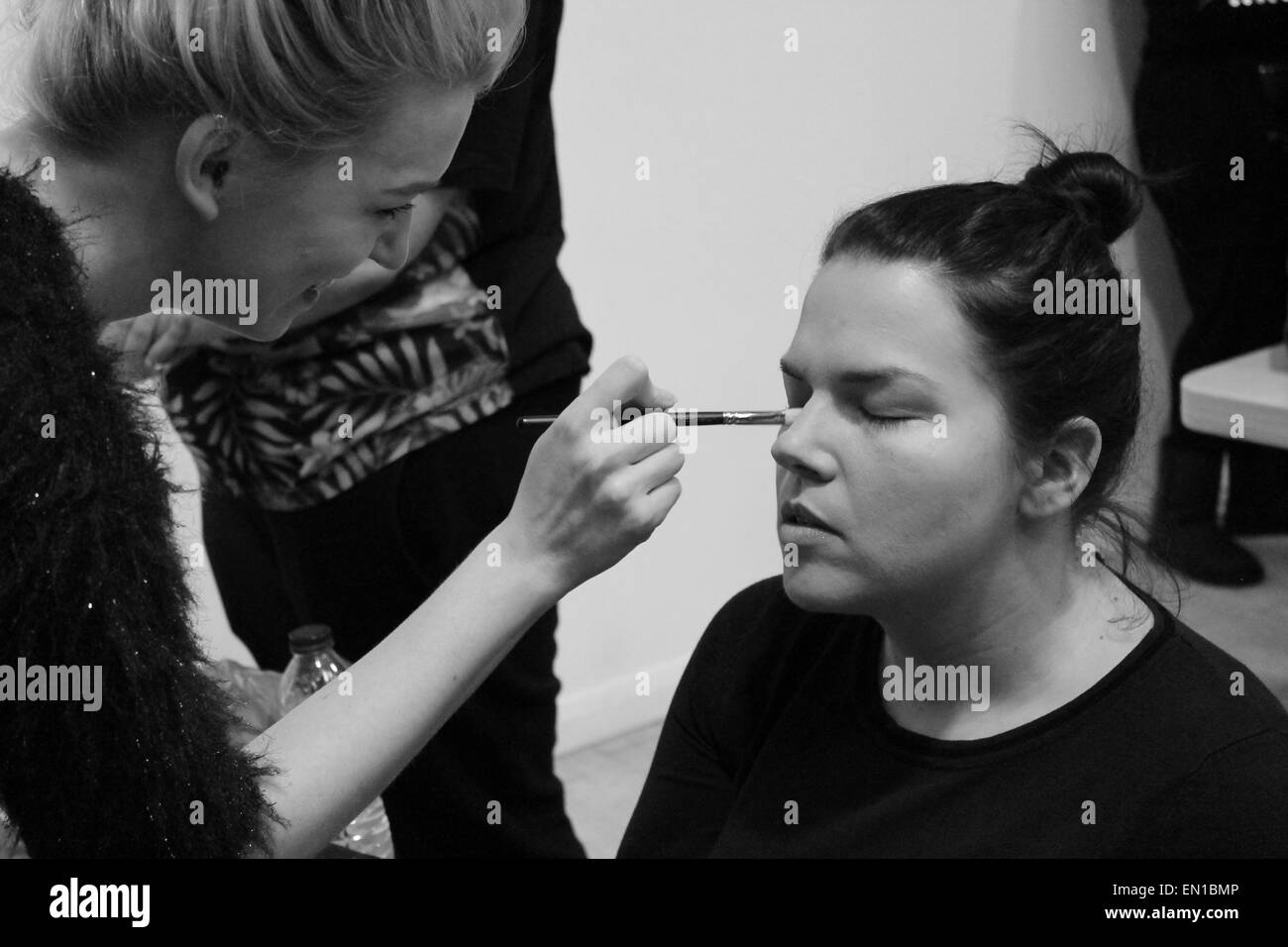 British Plus size Fashion weekend February 14th and 15th 2014  Model Lorna Roberts getting make up done back stage Stock Photo