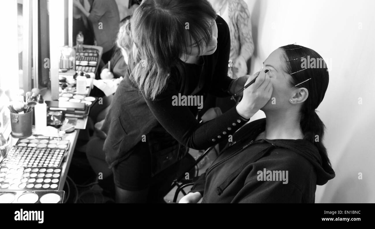 British Plus size Fashion weekend February 14th and 15th 2014  Model Lorna Roberts getting make up done back stage Stock Photo