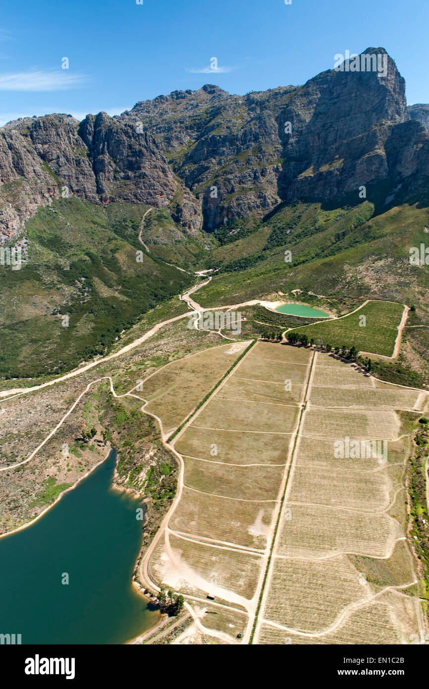 Aerial view of farm dams and the Jonkershoek mountains near Franschoek in the Western Cape province of South Africa. Stock Photo