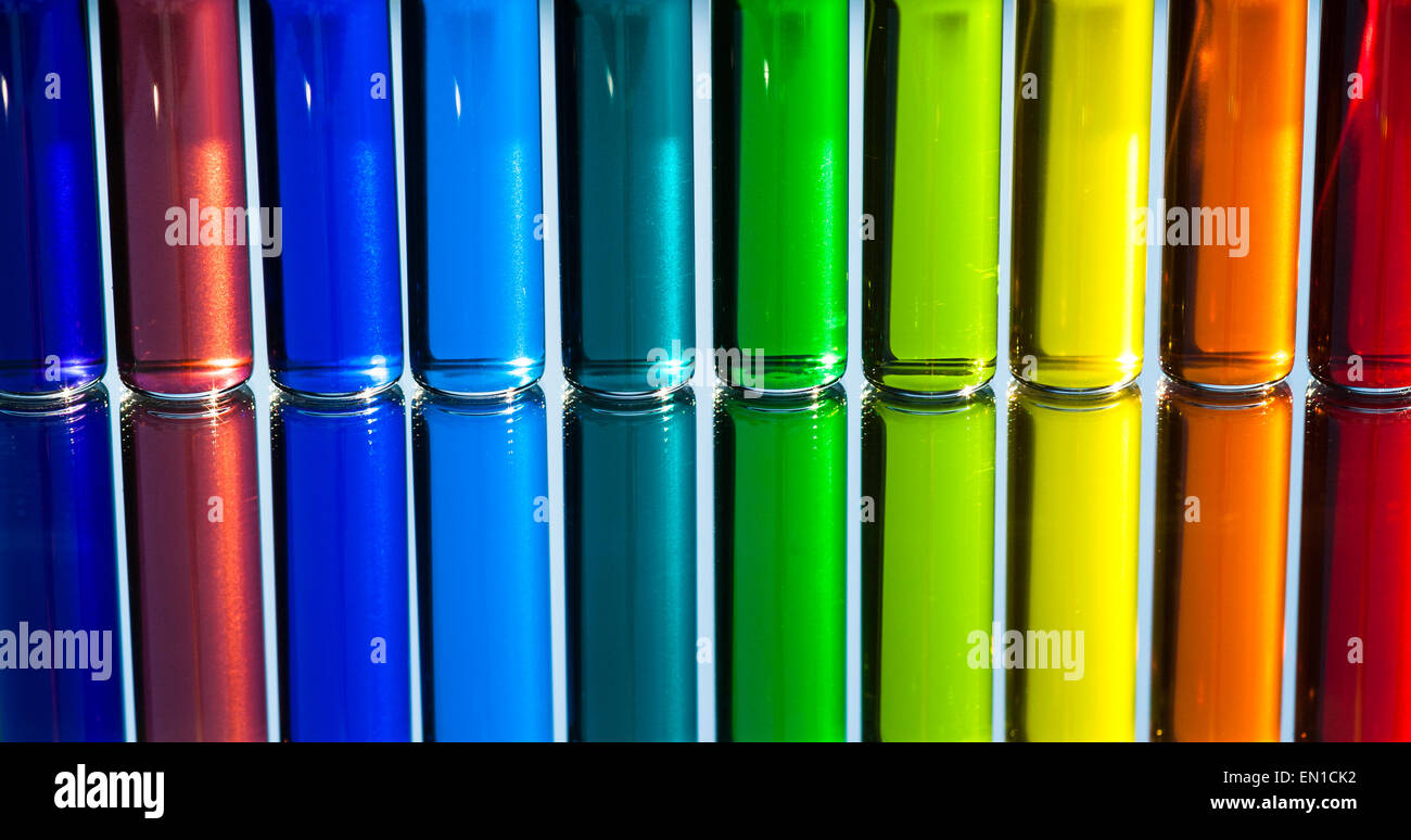 Color Water in glass vials Stock Photo